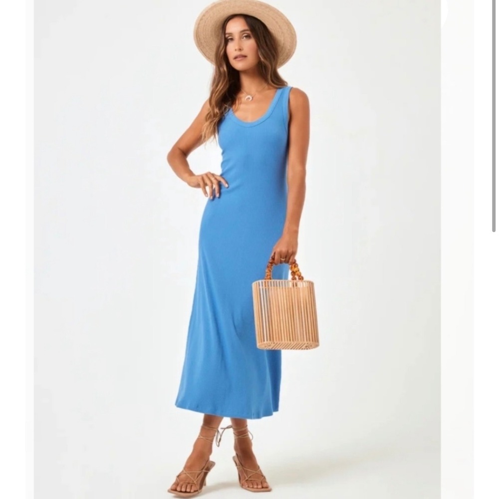 L*Space Jenna Mid Ribbed Midi Dress Womens XS‎ Blue Excellent Tank Sleeveless